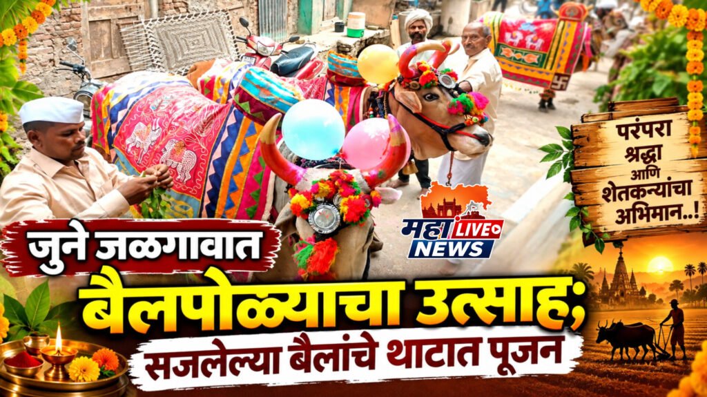 जुने जळगावात बैलपोळ्याचा उत्साह; सजलेल्या बैलांचे थाटात पूजन